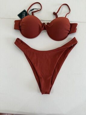 NWT Ribbed BurntOrange Rust Molded Cups Underwire Triangle High Cut Bikini Set L